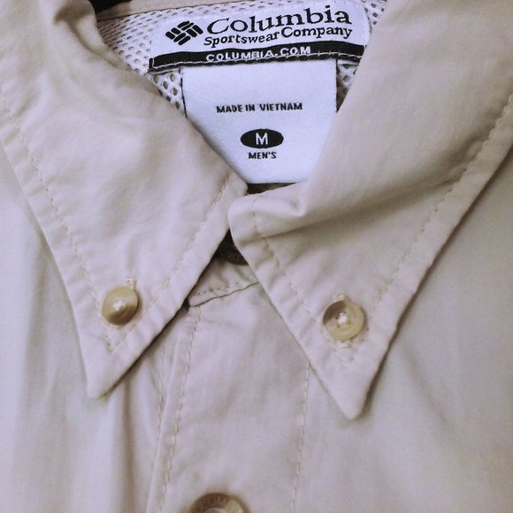 Vintage 90s Columbia PFG Shirt OmniShade Mens-M Pockets LSL Nylon Beige - Picture 4 of 10